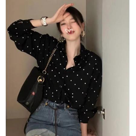 PF476#大码女装韩国chic赫本风翻领撞色波点宽松百搭长袖衬衫