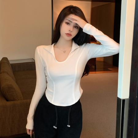 PF480#欧货鱼骨长袖t恤女早秋不规则紧身短款polo翻领显瘦内搭上衣