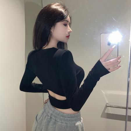 PF481#后背镂空设计感小众简约百搭T恤短款修身显瘦初秋新款上衣女