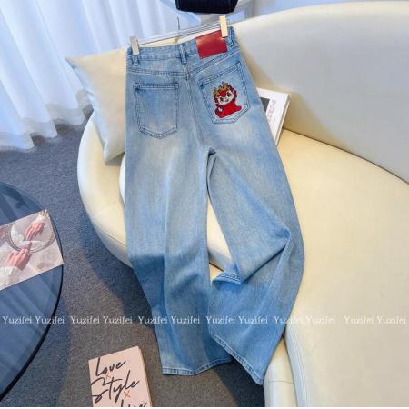PF485#高腰牛仔裤 新款欧货宽松显瘦卡通刺绣直筒裤潮