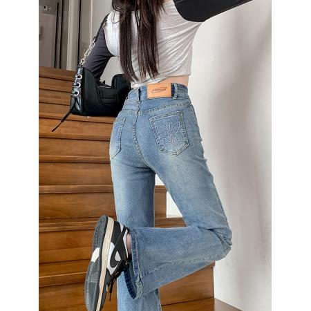 PF503#复古弹力直筒微喇牛仔裤女春季高腰窄版修身拖地长裤子