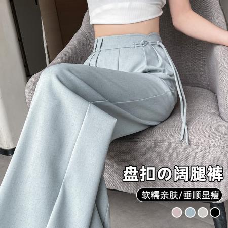 PF504#新国风高腰阔腿裤女垂感直筒新中式设计感休闲拖地裤