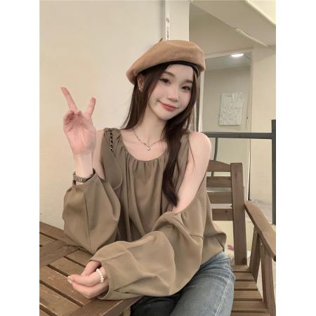 PF505#法式卡其色露肩气质衬衫女韩版设计感衬衣小众挖肩上衣