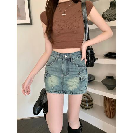 PF508#复古工装口袋半身裙春季新款高腰a字包臀辣妹防走光牛仔短裙