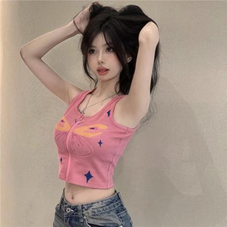 PF515#纯欲风粉红色开衫无袖小背心女夏ins修身t恤休闲运动短款露脐上衣