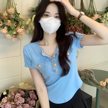 PF534#正肩短袖t恤女夏季新款辣妹显瘦遮肚不规则短上衣