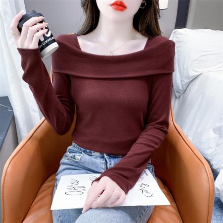 PF538#欧货早春辣妹风修身露肩一字领小心机套头长袖打底T恤女上衣