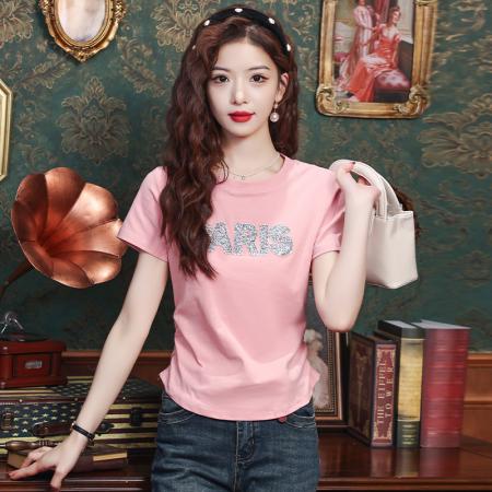PF539#欧货T恤女短袖2024夏季百搭镶钻字母紧身又甜小众短袖上衣ing