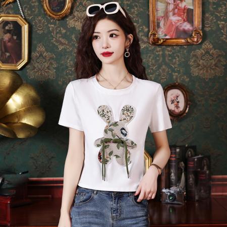 PF540#欧货爆款绣花钉珠短袖T恤甜辣上衣2024夏季新款女装