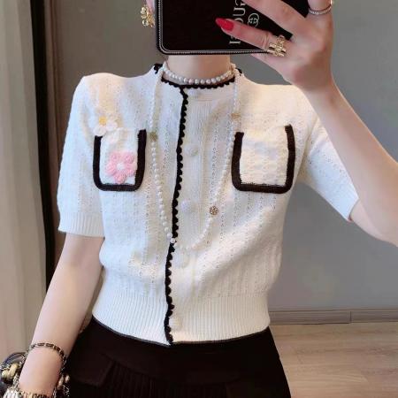 PF543#新款短袖圆领立体花朵镂空刺绣假口袋针织衫开衫上衣女薄