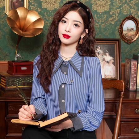 PF555#高定小众条纹拼色宽松长袖衬衫女