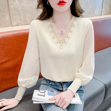 PF571#新款重工设计感V领珍珠花朵拼接雪纺袖温柔小衫