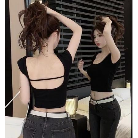 PF593#纯欲甜辣妹性感露背短款上衣女短袖夏季小飞袖红色t恤设计感小众