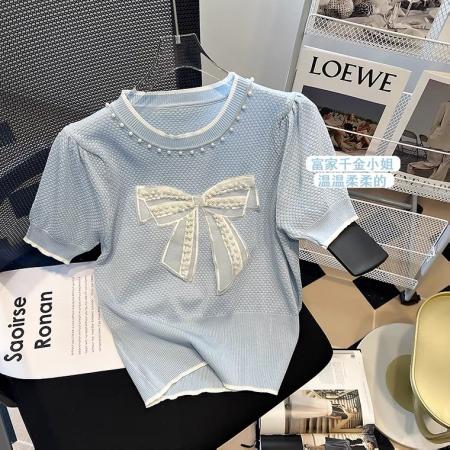 PF608#甜美重工蝴蝶结短袖针织衫女夏季新款粉色钉珠上衣甜美薄款毛衣潮