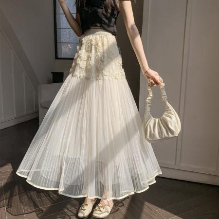 PF612#新款法式复古设计感重工立体花朵大摆高腰网纱半身裙