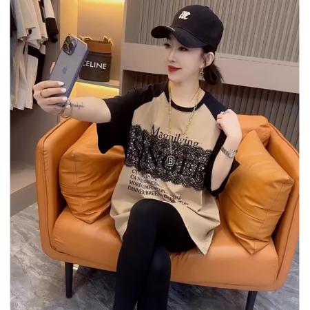 PF619#欧货 夏季新提花蕾丝拼接纯棉短袖T恤女宽松中长款插肩袖上衣