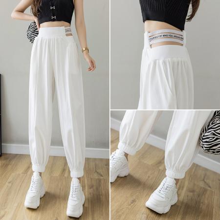 PF624#白色运动裤女夏季薄款 新款高腰显瘦宽松束脚休闲裤