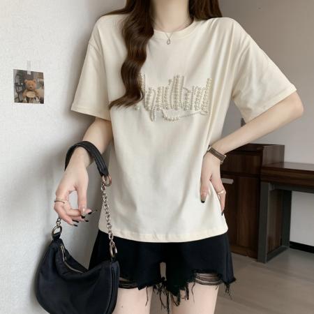 PF625#大码胖MM短袖T女夏 重工钉珠设计感宽松百搭洋气上衣