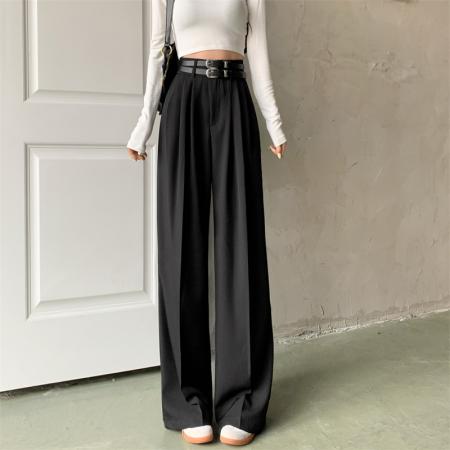 PF627#双腰带西裤阔腿裤高腰休闲袋盖洋气爆款直筒拖地裤女潮