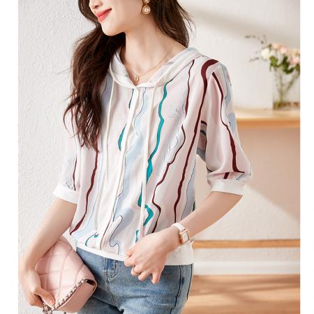 PF628#高端韩国丝印花2024夏季新款连帽条纹半袖防晒外搭上衣