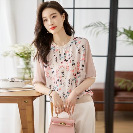 PF629#圆领上衣女短袖2024夏季新款显瘦高端乱麻印花气质五分袖T恤