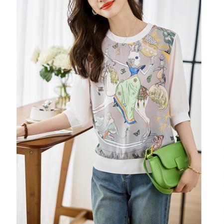 PF630#圆领上衣女短袖2024夏季新款显瘦高端乱麻印花气质五分袖T恤