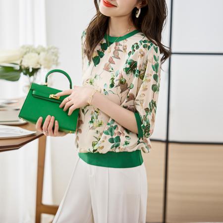 PF632#高端缎面双邹2024印花宽松时尚洋气五分短袖T恤上衣