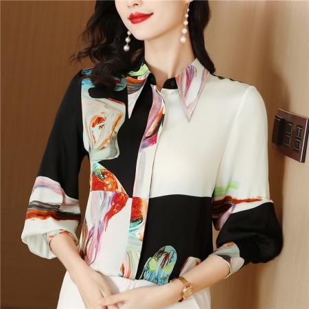 PF634#真丝衬衫时尚女装重磅桑蚕丝印花长袖上衣宽松百搭花衬衣
