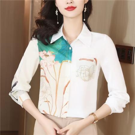 PF641#高级感中国风雪纺衫女春装新款长袖印花拼接衬衫女遮肚子百搭衬衣