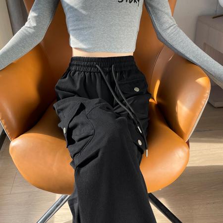 PF642#美式工装裤女2024春夏潮酷口袋设计束脚抽绳休闲裤阔腿女