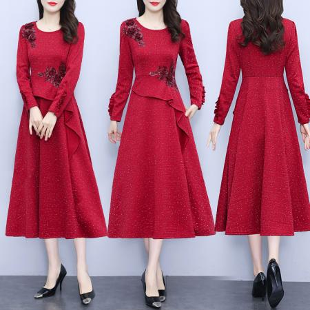 PF654#高端精致法式小香风新年红色圆领长袖连衣裙子女装