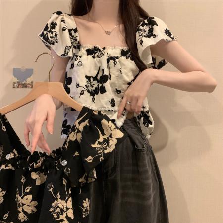 PF664#新款韩版夏季百搭宽松小众设计感方领短款衬衫上衣女