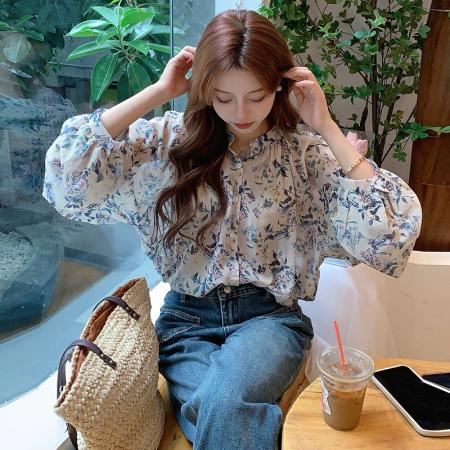 PF668#胖MM大码法式别致宽松碎花衬衫上衣女韩版花衬衣长袖防晒雪纺衫