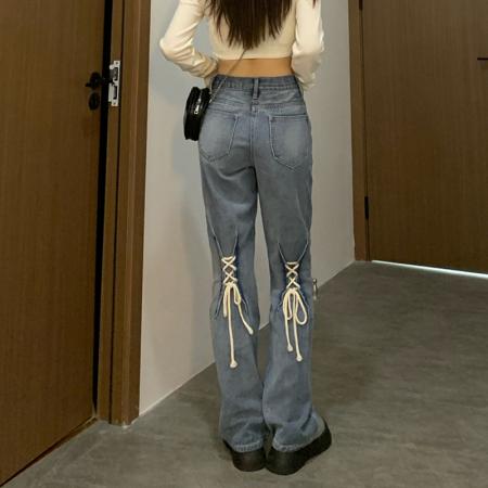 PF672#高腰牛仔裤女辣妹直筒显瘦系绳高街阔腿长裤ins