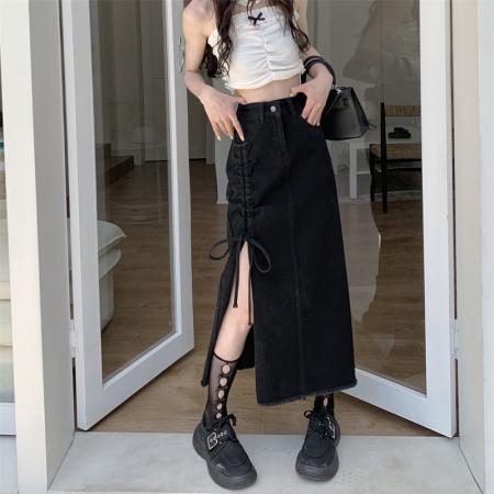 PF673#新款牛仔半身裙女大码高腰显瘦小众设计感系带开叉中长A字裙