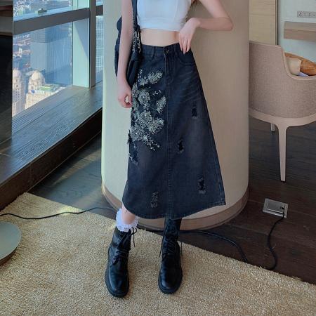 PF677#开叉刺绣绣花立体钉珠重工牛仔半身裙大码胖mm中长款包臀裙