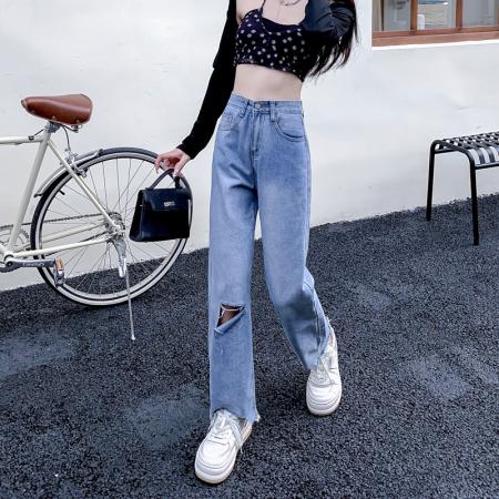 PF680#大码胖妹妹mm破洞牛仔裤女春秋显瘦宽松直筒高腰阔腿九分裤