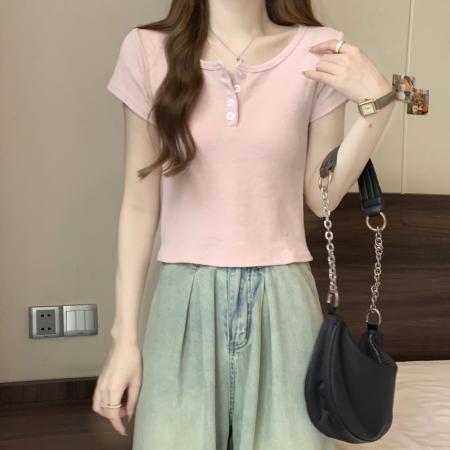 PF701#40支纯棉短袖T恤女2024年韩版新款修身短款纽扣轻熟纯色上衣