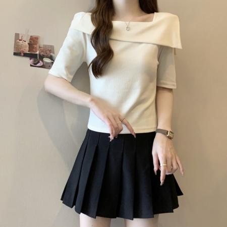PF702#纯棉短袖t恤女2024夏季韩版新款一字肩别致露锁骨轻奢上衣
