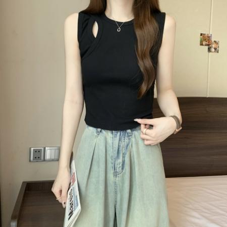 PF703#40支纯棉T恤女2024年夏季黑色背心女镂空弹力别致轻熟上衣