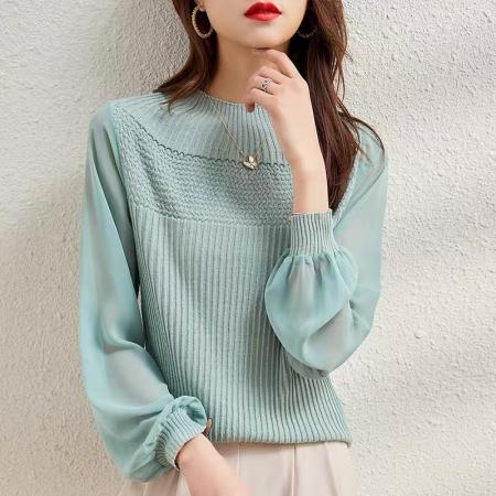 PF706#灯笼袖拼接半高圆领毛衣女时尚设计感坑条纹针织羊毛衫秋冬打底衫