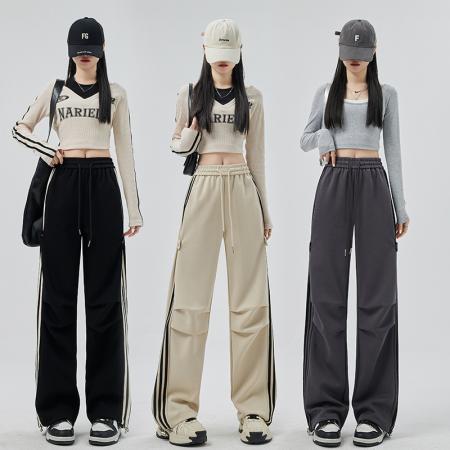 PF707#华棉复合 美式运动裤女新款直筒休闲束脚阔腿卫裤子