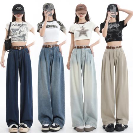 PF712#韩版蓝色牛仔阔腿裤女高腰宽松显瘦褶皱设计感直筒拖地裤