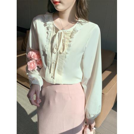 PF714#新款法式小众设计上衣春装女刺绣木耳边高级感长袖衬衫