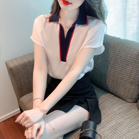 PF716#夏季新款V领雪纺衫衬衫白色宽松短袖上衣气质百搭小衫