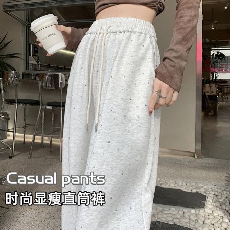 PF723#复古烫钻休闲阔腿裤女2024春夏宽松显瘦慵懒高腰垂感运动卫裤