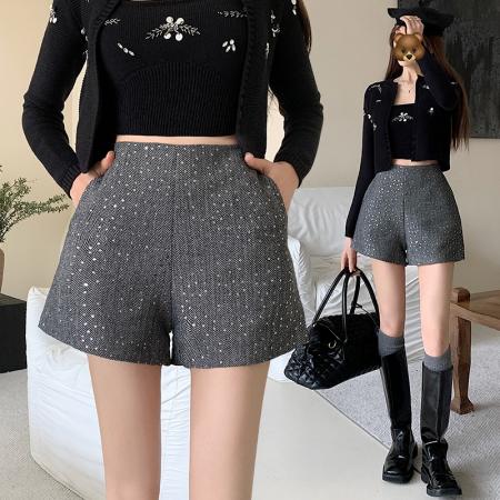 PF724#新款百搭小香风人字纹亮片辣妹高腰重工显瘦阔腿西装短裤