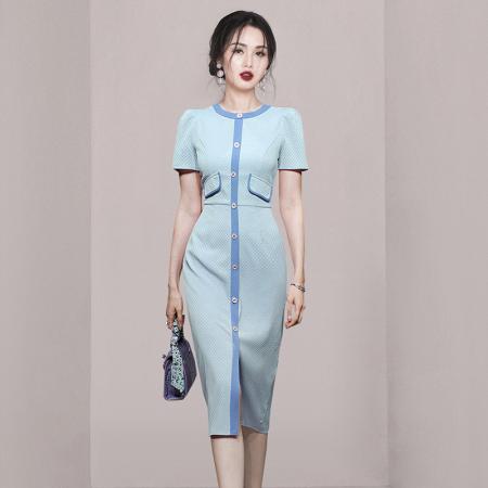 PF735#新款优雅时尚圆领泡泡袖收腰显瘦法式小香风连衣裙