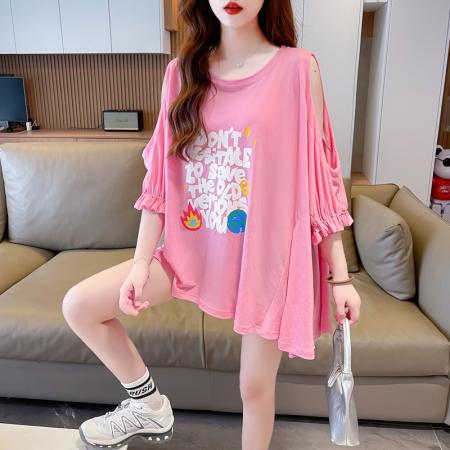 PF741#夏季抖音质量防棉大码200斤露肩印花百褶短袖t恤女