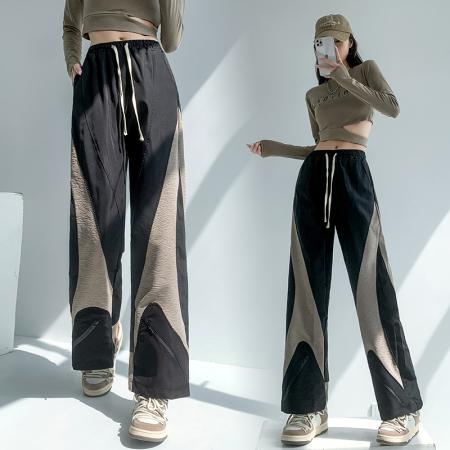 PF748#美式高街休闲裤松紧腰显瘦宽松阔腿裤高腰运动长裤女